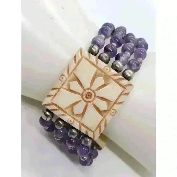 Amethyst & Sterling Silver Bead Bracelet With Resin Accents Multi Strand Vintage - Picture 1 of 10